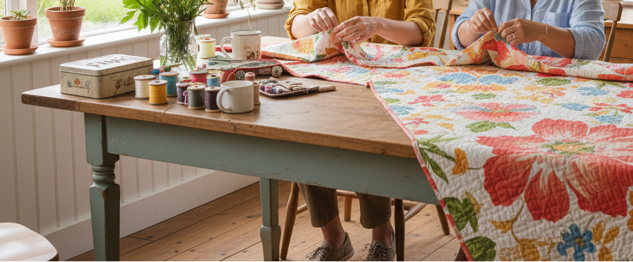 A person and another individual are seated at a wooden table sewing a large quilt with a colorful floral pattern. The quilt is draped over the table, showing red, pink, yellow, and blue flowers on a light background.